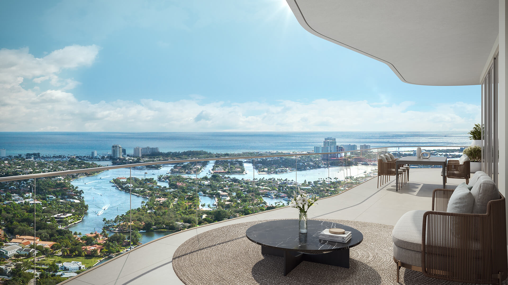 Ground-level view of Las Olas Condominiums.